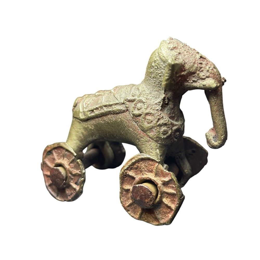 Antique Vintage India Shrine Temple Toy Brass Metal Elephant Rider Wheels Hindu - Picture 4 of 16